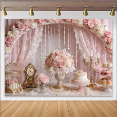 Lofaris Elegant Pink Rose and Pearl Wedding Backdrop with Lace Curtains Beautiful Floral Photography Background for Bridal Shower Party
