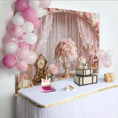 Lofaris Elegant Pink Rose and Pearl Wedding Backdrop with Lace Curtains Beautiful Floral Photography Background for Bridal Shower Party