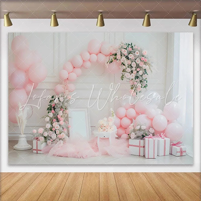 Lofaris Elegant Pink Rose Cake Smash Backdrop Balloon Garland and Gift Box Background Girls Birthday Decor