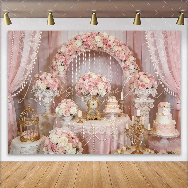 Lofaris Elegant Pink Rose Floral Arch Wedding Backdrop with Pearls and Lace Romantic Party Decoration for Bridal Shower Photoshoot