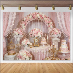Lofaris Elegant Pink Rose Floral Arch Wedding Backdrop with Pearls and Lace Romantic Party Decoration for Bridal Shower Photoshoot