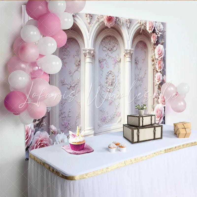 Lofaris Elegant Pink Rose Floral Photography Backdrop with Arches and Columns Vintage Wall Background for Wedding or Studio Photoshoot