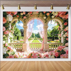 Lofaris Elegant Pink Rose Garden Arch Photography Backdrop with Sheer Curtains and Columns Beautiful Photo Booth Prop for Wedding