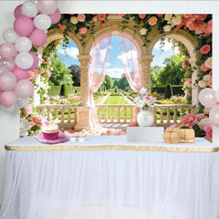 Lofaris Elegant Pink Rose Garden Arch Photography Backdrop with Sheer Curtains and Columns Beautiful Photo Booth Prop for Wedding