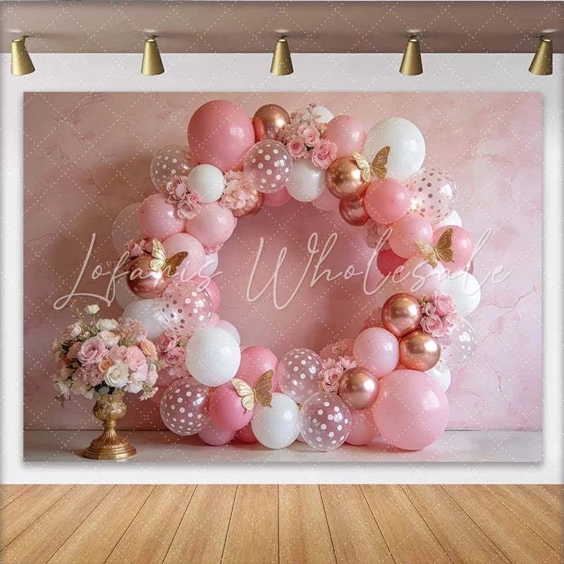 Lofaris Elegant Pink Rose Gold Birthday Backdrop with Balloons and Butterflies Beautiful Party Decor for Girls Photoshoot and Celebration