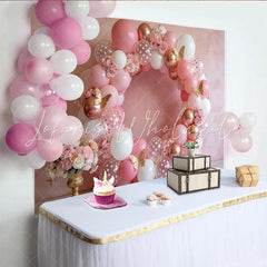 Lofaris Elegant Pink Rose Gold Birthday Backdrop with Balloons and Butterflies Beautiful Party Decor for Girls Photoshoot and Celebration