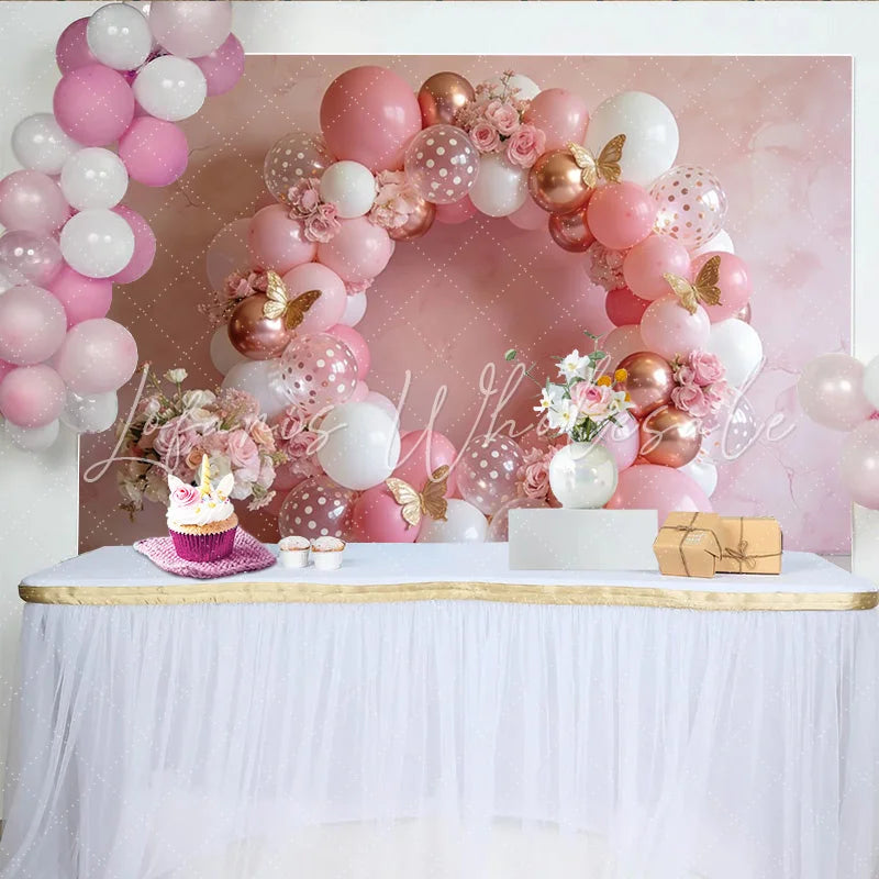 Lofaris Elegant Pink Rose Gold Birthday Backdrop with Balloons and Butterflies Beautiful Party Decor for Girls Photoshoot and Celebration