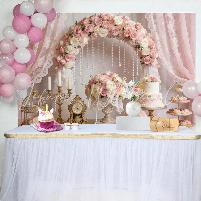 Lofaris Elegant Pink Rose Wedding Backdrop with Pearl Arch and Lace Romantic Bridal Shower Background for Engagement Party Decor