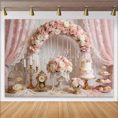 Lofaris Elegant Pink Rose Wedding Backdrop with Pearl Arch and Lace Romantic Bridal Shower Background for Engagement Party Decor