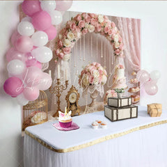 Lofaris Elegant Pink Rose Wedding Backdrop with Pearl Arch and Lace Romantic Bridal Shower Background for Engagement Party Decor