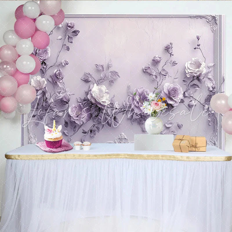 Lofaris Elegant Purple 3D Floral Photography Backdrop Ornate Framed Background for Studio Portrait and Event Decor
