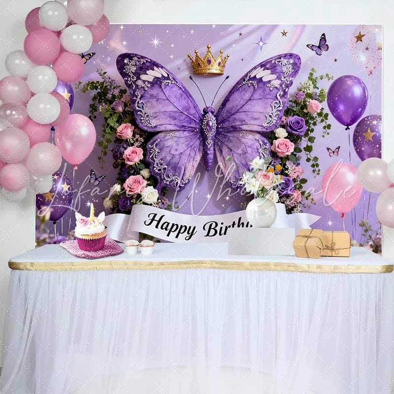 Lofaris Elegant Purple Butterfly Happy Birthday Cake Smash Backdrop Golden Crown and Floral Party Decor
