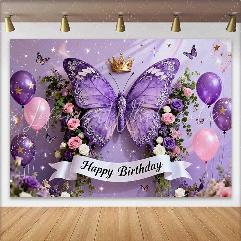 Lofaris Elegant Purple Butterfly Happy Birthday Cake Smash Backdrop Golden Crown and Floral Party Decor