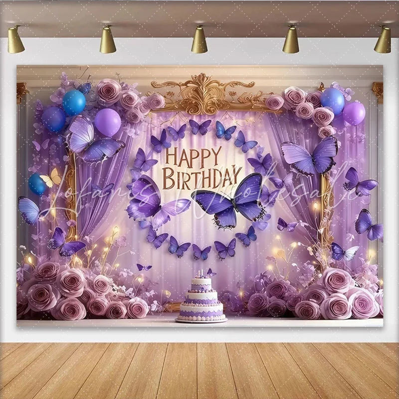 Lofaris Elegant Purple Butterfly Happy Birthday Party Backdrop Dreamy Roses and Lavender Balloons Decor