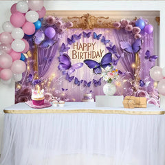 Lofaris Elegant Purple Butterfly Happy Birthday Party Backdrop Dreamy Roses and Lavender Balloons Decor