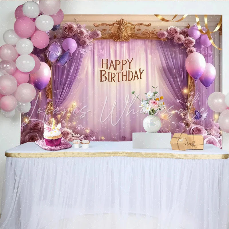 Lofaris Elegant Purple Lavender Happy Birthday Party Backdrop with Butterflies Roses and Balloons Golden Frame Decor