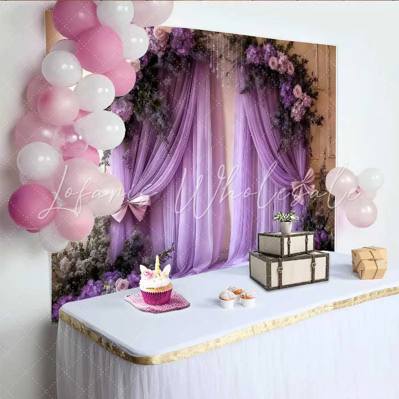 Lofaris Elegant Purple Wedding Backdrop Floral Arch with Lavender Draping and Pink Bows Banner