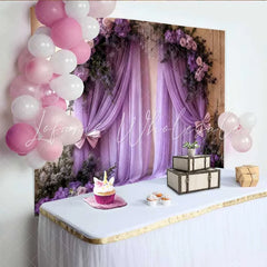 Lofaris Elegant Purple Wedding Backdrop Floral Arch with Lavender Draping and Pink Bows Banner