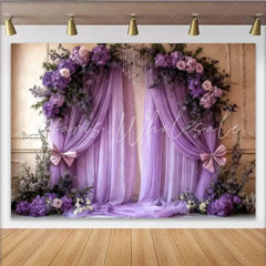 Lofaris Elegant Purple Wedding Backdrop Floral Arch with Lavender Draping and Pink Bows Banner