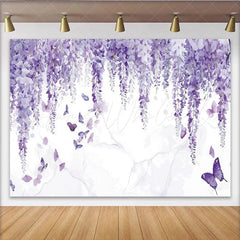Lofaris Elegant Purple Wisteria Floral Photography Backdrop with Butterflies Dreamy Wall Tapestry for Studio Photoshoot and Party Decor