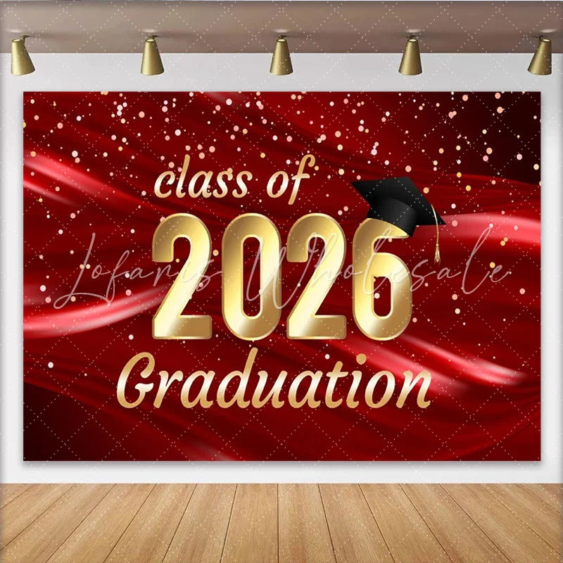 Lofaris Elegant Red and Gold Class of 2026 Graduation Party Backdrop Featuring a Cap and Sparkling Confetti