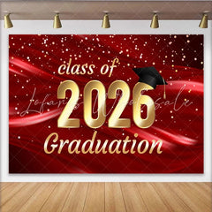 Lofaris Elegant Red and Gold Class of 2026 Graduation Party Backdrop Featuring a Cap and Sparkling Confetti