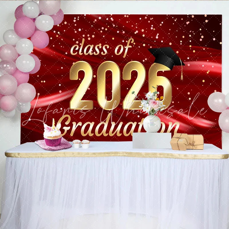 Lofaris Elegant Red and Gold Class of 2026 Graduation Party Backdrop Featuring a Cap and Sparkling Confetti