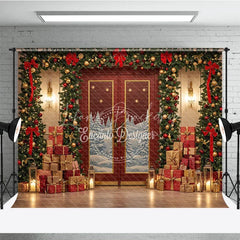 Lofaris Elegant Red Christmas Door Photography Backdrop Snowy Scene with Garland and Trees Holiday Mini Session Background