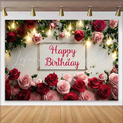 Lofaris Elegant Red Pink Rose Floral Happy Birthday Backdrop Warm Fairy Lights Womens Photography Background
