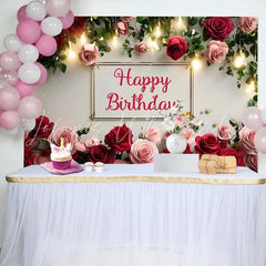 Lofaris Elegant Red Pink Rose Floral Happy Birthday Backdrop Warm Fairy Lights Womens Photography Background