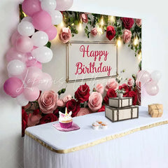 Lofaris Elegant Red Pink Rose Floral Happy Birthday Backdrop Warm Fairy Lights Womens Photography Background