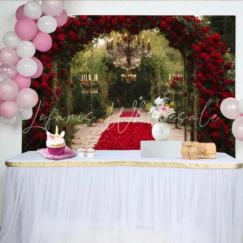 Lofaris Elegant Red Rose Archway and Petal Path Party Backdrop Romantic Wedding Ceremony or Engagement Decor