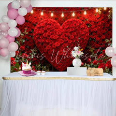Lofaris Elegant Red Rose Heart Wall Party Backdrop with String Lights Romantic Valentine’s Day Decor