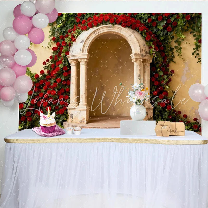 Lofaris Elegant Red Roses and Green Ivy Stone Archway Party Backdrop Romantic Wedding Engagement Photo Booth Decor