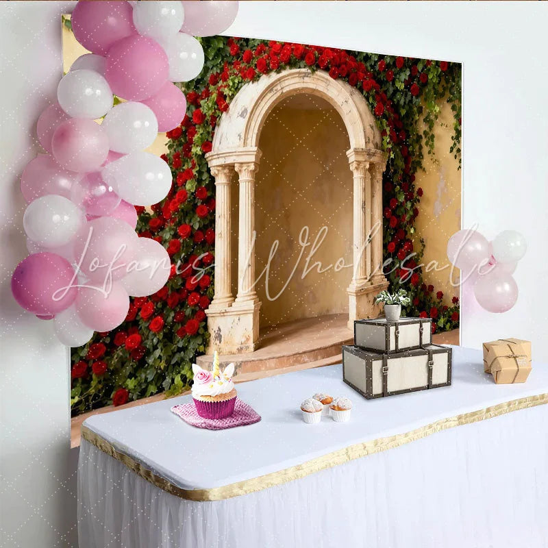 Lofaris Elegant Red Roses and Green Ivy Stone Archway Party Backdrop Romantic Wedding Engagement Photo Booth Decor