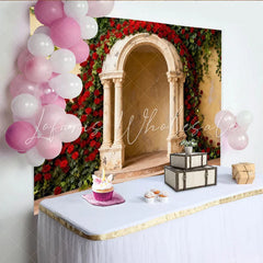 Lofaris Elegant Red Roses and Green Ivy Stone Archway Party Backdrop Romantic Wedding Engagement Photo Booth Decor