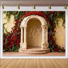 Lofaris Elegant Red Roses and Green Ivy Stone Archway Party Backdrop Romantic Wedding Engagement Photo Booth Decor