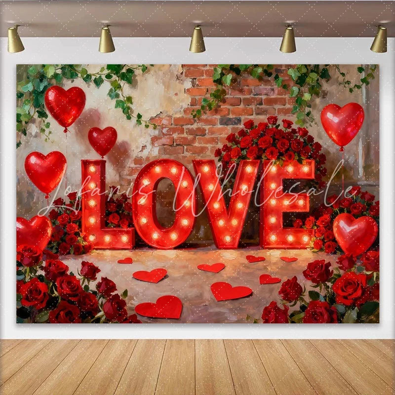 Lofaris Elegant Red Roses and Illuminated LOVE Letters Party Backdrop Romantic Valentine’s Day Celebration Decor