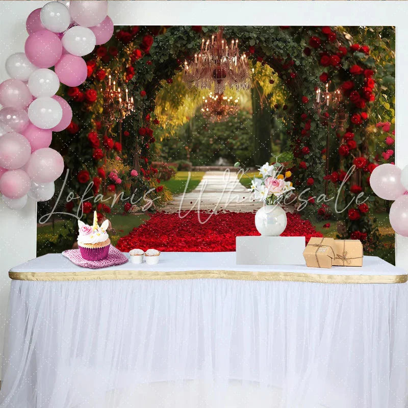Lofaris Elegant Red Roses Archway Party Backdrop with Chandeliers Romantic Garden Wedding Engagement Decor