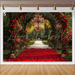 Lofaris Elegant Red Roses Archway Party Backdrop with Chandeliers Romantic Garden Wedding Engagement Decor