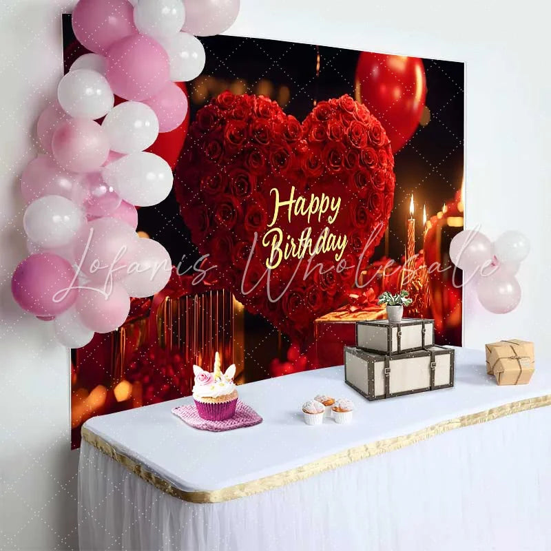 Lofaris Elegant Red Roses Heart Happy Birthday Backdrop with Balloons and Gifts Romantic Celebration Party Decor