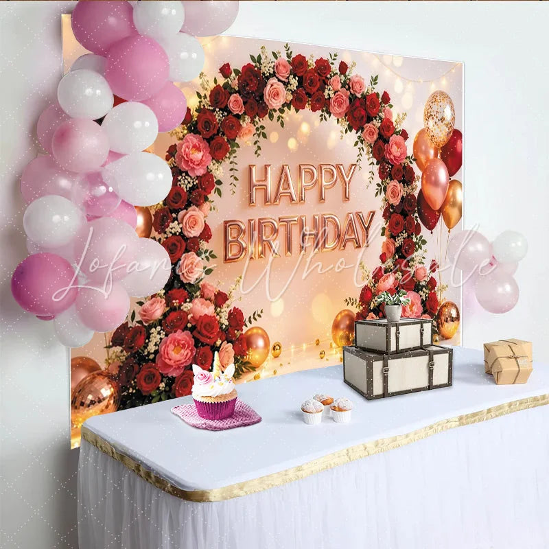 Lofaris Elegant Rose Gold Floral Arch Birthday Backdrop Festive Party Background for Photoshoot and Celebration Decor
