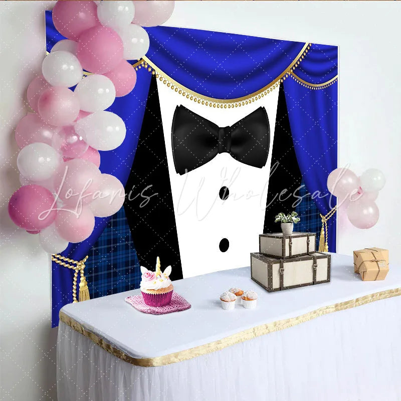 Lofaris Elegant Royal Blue Tuxedo Photography Backdrop with Gold Trim and Black Bow Tie Sophisticated Party Background for Event Decor