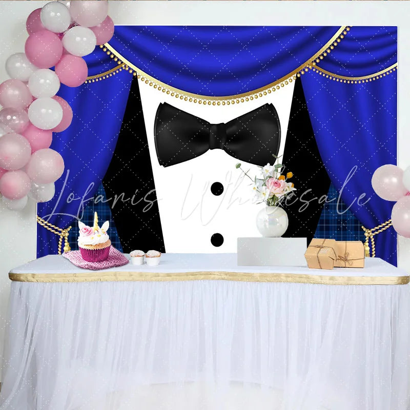Lofaris Elegant Royal Blue Tuxedo Photography Backdrop with Gold Trim and Black Bow Tie Sophisticated Party Background for Event Decor