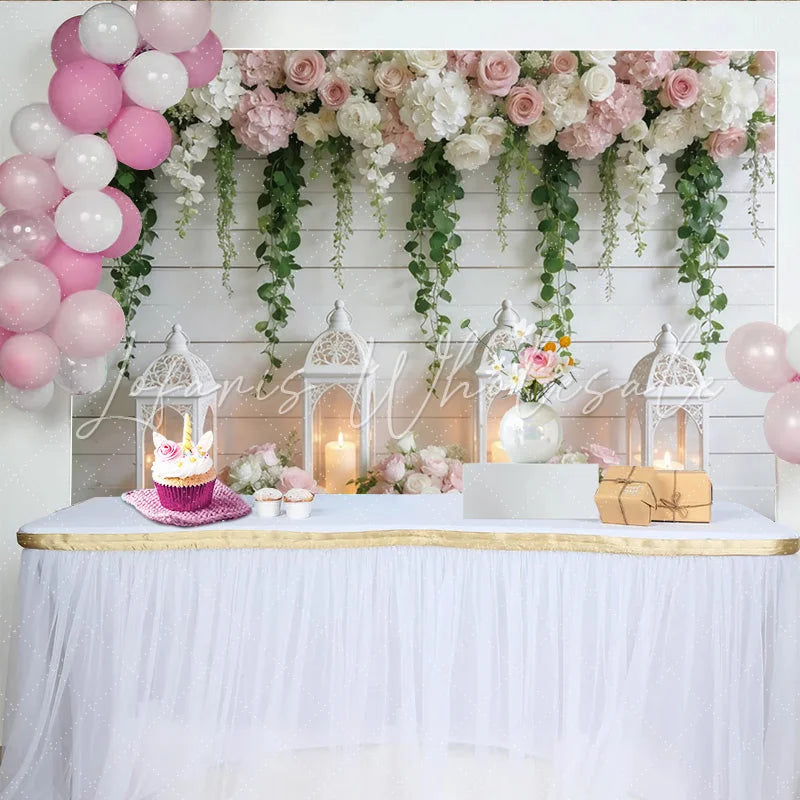 Lofaris Elegant Rustic Floral Photography Backdrop White Wood Wall Background for Wedding Photoshoot and Party Decor
