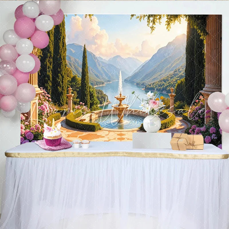 Lofaris Elegant Scenic Garden Photography Backdrop with Fountain and Lake View Picturesque Landscape Background for Studio and Event Decor