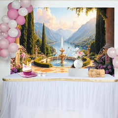 Lofaris Elegant Scenic Garden Photography Backdrop with Fountain and Lake View Picturesque Landscape Background for Studio and Event Decor