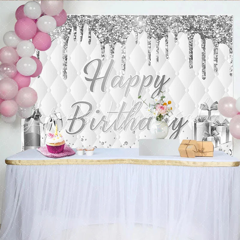 Lofaris Elegant Silver Glitter Happy Birthday Backdrop with Champagne Luxurious Photo Booth Background for Adult Party Decoration