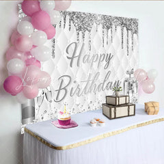 Lofaris Elegant Silver Glitter Happy Birthday Backdrop with Champagne Luxurious Photo Booth Background for Adult Party Decoration