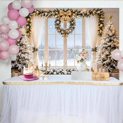 Lofaris Elegant Snowy Christmas Tree Backdrop with Golden Ornaments and Gifts Luxurious Winter Holiday Background for Family Photos